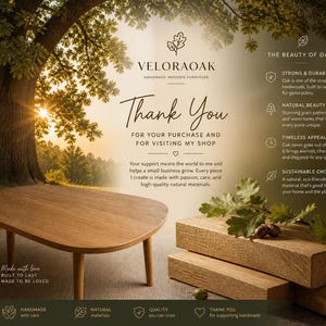 May include: A wooden oval coffee table with rounded legs. The table is made of oak and is displayed with oak planks and foliage. The image includes the text "Thank You" and "VELORAOAK Handmade Wooden Furniture".