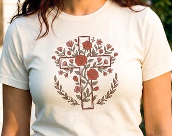 Floral Cross Shirt, Botanical Christian Faith Tee, Wildflower Roses Graphic