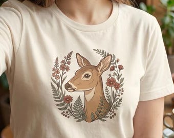Doe Deer Floral Portrait T-Shirt, Woodland Botanical Graphic Tee