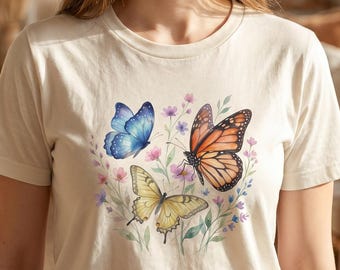 Watercolor Butterfly Meadow T-Shirt, Floral Nature Graphic Tee for Women