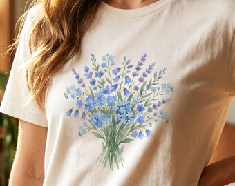 Watercolor Blue Wildflower Bouquet Shirt, Cottagecore Botanical Cotton Tee