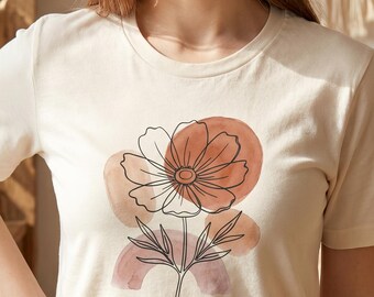 Boho Floral Line Art T Shirt, Abstract Botanical Wildflower Tee, Minimalist Flower Graphic Shirt