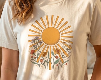 Retro Sun Wildflower Shirt, Boho Botanical Graphic Tee, Vintage Summer Coastal