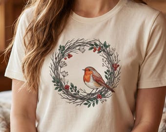 Hand-Painted Robin Holly Wreath Shirt, Watercolor Woodland Christmas Tee