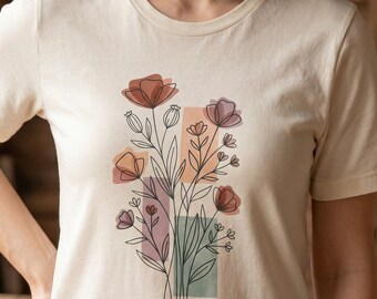 Minimalist Wildflower Graphic Tee, Abstract Botanical Floral Shirt, Earth Tone Nature Art T-Shirt