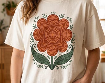 Folk Art Floral Shirt, Boho Botanical Tee, Garment-Dyed Cotton, Orange Flower Graphic