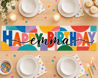 Personalized Birthday Table Runner, Custom Name Happy Birthday Table Decor, Colorful Retro Birthday Party Decorations, Rainbow Tablecloth