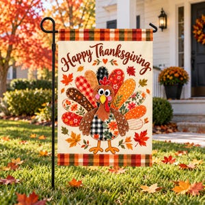 May include: A rectangular garden flag featuring a central turkey illustration with colorful patterned feathers, surrounded by autumn leaves. The text Happy Thanksgiving is printed in brown script at the top. The flag has a plaid border.
