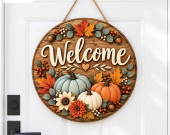 Personalized Fall Wooden Door Sign, Round Welcome Pumpkin Wreath, Rustic Farmhouse Front Door Decor, Welcome Signs