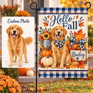 May include: A rectangular garden flag featuring a golden retriever wearing a blue and white plaid bandana. The design includes the text Hello Fall and Bailey, pumpkins, sunflowers, and autumn leaves, framed by a blue and white plaid border.
