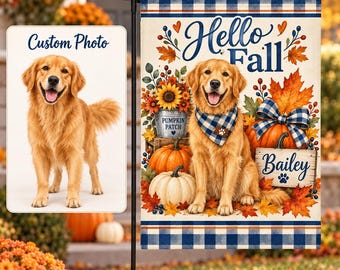 Personalized Pet Garden Flag, Custom Dog Photo Fall Flag, Hello Fall Yard Decor, Thanksgiving Garden Flags, Pet Name Outdoor Decoration