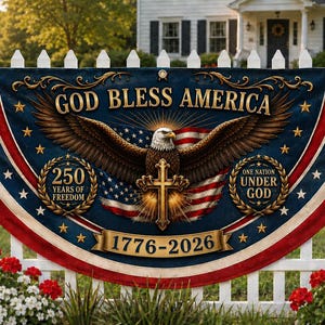 May include: A patriotic banner with the text "GOD BLESS AMERICA" and "1776-2026". It features an eagle with outstretched wings, a cross, and the American flag. The banner is red, white, and blue, with stars and decorative elements.