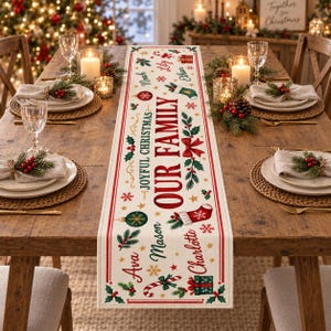May include: A cream-colored table runner featuring the text "JOYFUL CHRISTMAS OUR FAMILY" in red, surrounded by illustrations of holly, stockings, gifts, and ornaments. The runner includes the names Ava, Mason, Charlotte, Noah, Lily, and Ethan.