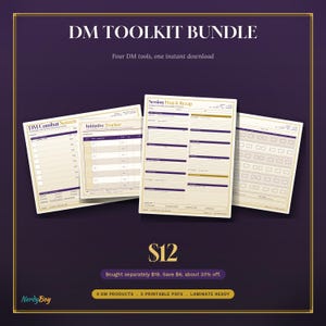 Paquete de herramientas para el DM de D&D, 4 hojas imprimibles / Preparación de la sesión, Lista de personajes, Iniciativa + Botín (PDF)