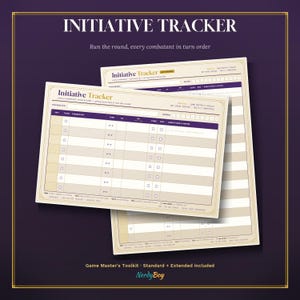 May include: Two rectangular initiative tracker sheets with a cream and purple color scheme. The sheets feature a grid layout for tracking combatants, including columns for initiative, turn, size, armor class, hit points, concentration, and conditions.