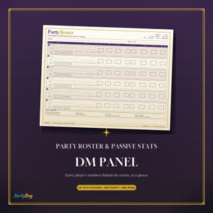 Pode incluir: Um painel de mestre de jogo Party Roster retangular impresso em papel creme com texto e linhas roxo-escuras. O documento apresenta seis linhas para informações de personagens, incluindo espaços para nomes, estatísticas passivas e caixas.