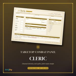 May include: A rectangular tabletop combat panel for a cleric character, featuring a cream-colored surface with gold-toned borders and text. The panel includes sections for character stats, hit points, death saves, spell slots, and various game conditions.