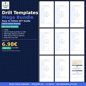 Può includere: Un pacchetto di download digitale intitolato "Drill Templates Mega Bundle" con un design blu e bianco. Il pacchetto include guide PDF per maniglie per mobili e modelli di montaggio VESA, con misure in millimetri. Il pacchetto include 5 PDF ed è disponibile per il download immediato.