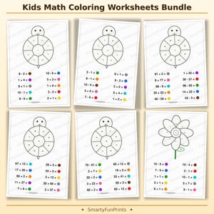 Può includere: Un set di sei schede didattiche di matematica da colorare per bambini con disegni al tratto in bianco e nero di tartarughe e un fiore. Ogni pagina include equazioni matematiche con cerchi colorati che indicano il colore per ogni sezione.