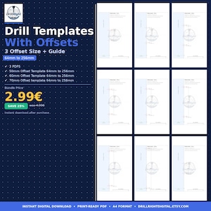 Könnte beinhalten: Digitale Bohrschablonen mit Versatz, einschließlich 50 mm, 60 mm und 70 mm Versatzschablonen, von 64 mm bis 256 mm. Das Bild zeigt ein blaues und weißes Design mit dem Text "Drill Templates With Offsets".