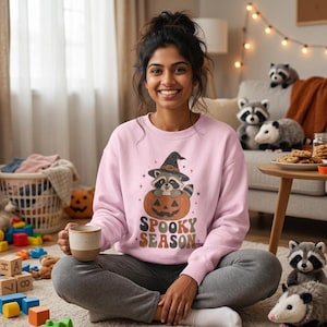 Bluza z nadrukiem "Spooky Season" w stylu vintage z szopem i okrągłym dekoltem na Halloween, retro, dyniowy sweter jesienny