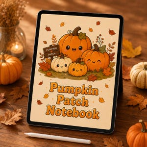 Może przedstawiać: Tablet cyfrowy wyświetlający grafikę trzech uśmiechniętych dyń oraz drewniany znak z napisem PUMPKIN PATCH. Poniżej dyń znajduje się napis Pumpkin Patch Notebook pomarańczowymi literami. Ekran jest otoczony rozrzuconymi jesiennymi liśćmi.