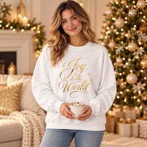 Weihnachtspullover „Freude für die Welt“, festlicher Pullover mit goldener Schrift, eleganter Weihnachtspullover mit Rundhalsausschnitt