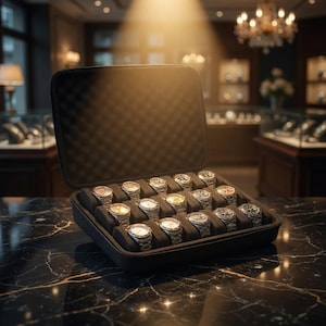 Puede incluir: Un estuche negro abierto que muestra una colección de relojes de pulsera de lujo con tonos plateados y dorados. El estuche está sobre una superficie de mármol negro, con una luz suave que brilla desde arriba. El fondo muestra una joyería.