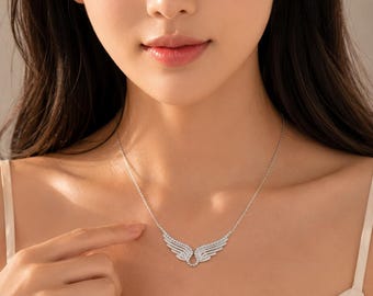 925 Sterling Silver Angel Wing Necklace for Women, Cubic Zirconia Wing Pendant, Dainty Everyday Jewelry Gift