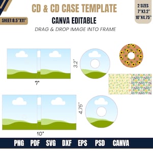 May include: A digital CD and CD case template featuring two sizes, 7 inches by 3.2 inches and 10 inches by 4.75 inches, on an 8.5 inch by 11 inch sheet. The design includes drag and drop frames, sunflower and floral patterns, and file formats PNG, PDF, SVG, DXF, EPS, PSD, and Canva.