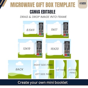 Può includere: Modello digitale di scatola regalo a forma di microonde in quattro dimensioni: 8,5x11, 11x17, 13x19 e 16x20 pollici. Il design modificabile su Canva include un pannello di controllo, pannelli laterali e posteriori per creare una mini scatola.