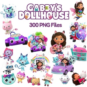 Può includere: Una collezione di grafiche digitali di Gabby's Dollhouse con il personaggio Gabby, varie creature feline, un'auto giocattolo viola e una casa delle bambole. Il testo recita Gabby's Dollhouse e 300 PNG Files in lettere viola.