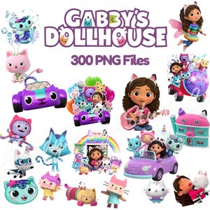Puede incluir: Una colección de 300 archivos PNG digitales con personajes de La Casa de Muñecas de Gabby, incluyendo a Gabby con orejas de gato, varias figuras de gatos coloridos, un coche de juguete morado, una casa de muñecas e instrumentos musicales.