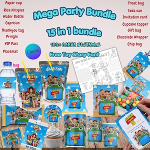 May include: A digital party supply bundle featuring Toy Story themed designs including labels for water bottles, juice pouches, chip bags, chocolate wrappers, and gift bags. The set includes editable templates with text like John Turns 5.