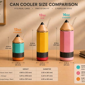 May include: A comparison of three pencil-shaped can coolers: teal, yellow, and pink. The teal cooler is 4.80 inches (122 mm) tall, the yellow is 6.10 inches (155 mm), and the pink is 6.18 inches (157 mm). The text reads "CAN COOLER SIZE COMPARISON".