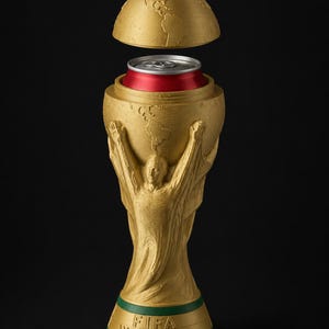 Könnte beinhalten: Ein goldfarbener FIFA-Weltpokal-Behälter mit einer roten Getränkedose im Inneren. Der obere Teil der Trophäe ist geöffnet und zeigt die Dose. Der Sockel der Trophäe hat ein grünes Band mit der Aufschrift "FIFA WORLD CUP".