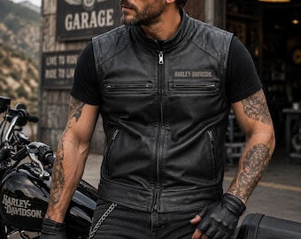 Gilet de motard en cuir noir pour homme Harley-Davidson, logo Bar & Shield