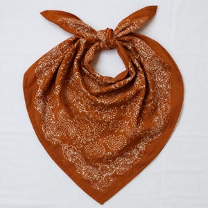 Puede incluir: Un pañuelo de color óxido con un estampado de cachemira blanco. La tela está atada en un nudo en la parte superior, creando una forma triangular con intrincados motivos florales y de lágrima impresos en la superficie del accesorio textil cuadrado.