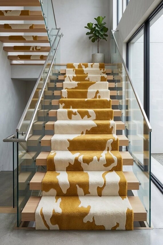 Hand Tufted Wool Stair Runner – Modern Mustard & White Abstract Carpet
