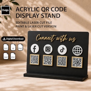 May include: Black acrylic QR code display stand with the text "Connect with us" and social media icons. Includes QR codes for Facebook, Instagram, TikTok, and a website. The stand also has the text "ACRYLIC QR CODE DISPLAY STAND".