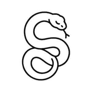 May include: A black and white line drawing of a snake in an S-shape. The snake's head is at the top, with a forked tongue. The design is simple and graphic, suitable for various applications.