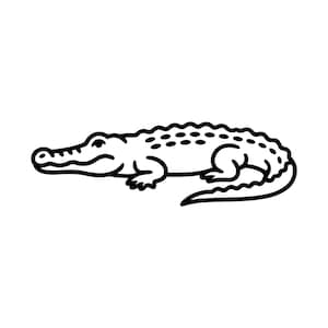 May include: A black and white line drawing of an alligator in profile. The illustration shows the alligator's head, body, and tail, with details like teeth and a textured back. The image is a simple graphic.
