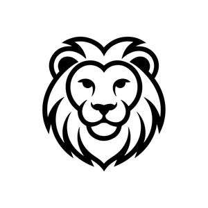 May include: A black and white lion head logo. The lion's face is centered, with a detailed mane and facial features. The design is a bold, graphic representation of a lion, suitable for branding or design projects.