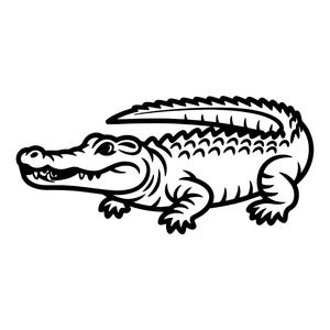 Puede incluir: Ilustración en blanco y negro de un caimán. El caimán se representa de perfil, con escamas, dientes y garras detalladas. La imagen es un diseño gráfico sencillo, adecuado para diversas aplicaciones.