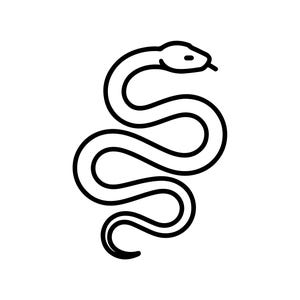 Op de afbeelding: Een zwart-witte lijntekening van een slang. De slang is opgerold in een gestileerd, gebogen patroon, met een kleine kop en een gespleten tong. Het ontwerp is eenvoudig en grafisch, geschikt voor diverse toepassingen.