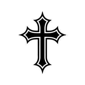 May include: A black cross with a white outline against a white background. The cross has a decorative, pointed design on each end of the arms and at the top and bottom.
