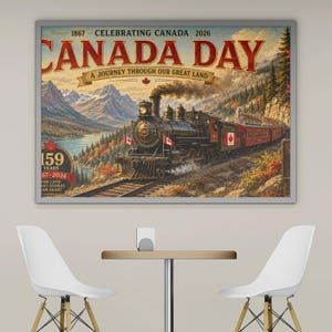 Op de afbeelding: Een rechthoekige wandkunstprint met een vintage stoomlocomotief die door een Canadees berglandschap rijdt. De tekst luidt 1867 CELEBRATING CANADA 2026 CANADA DAY A JOURNEY THROUGH OUR GREAT LAND 159 YEARS 1867-2026 ONE LAND ONE HEART.