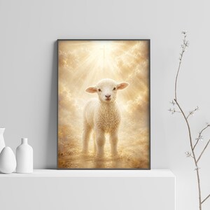Unschuldiges Lamm in der sonnenbeschienenen Wiese Christliche Kinderzimmer Kunst (digitaler Download)