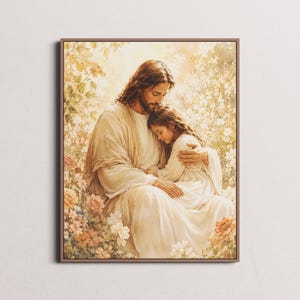 Pode incluir: Uma impressão emoldurada retrata uma cena terna de uma figura em vestes brancas abraçando uma pessoa jovem, ambos rodeados por flores macias. A obra de arte é renderizada em tons quentes e convidativos, criando uma sensação de paz e conforto.
