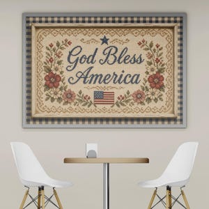 God Bless America kruissteek stijl print, Patriottisch huiszegen bord, Vintage Amerikaanse wandkunst, 4 juli decoratie, Digitale download